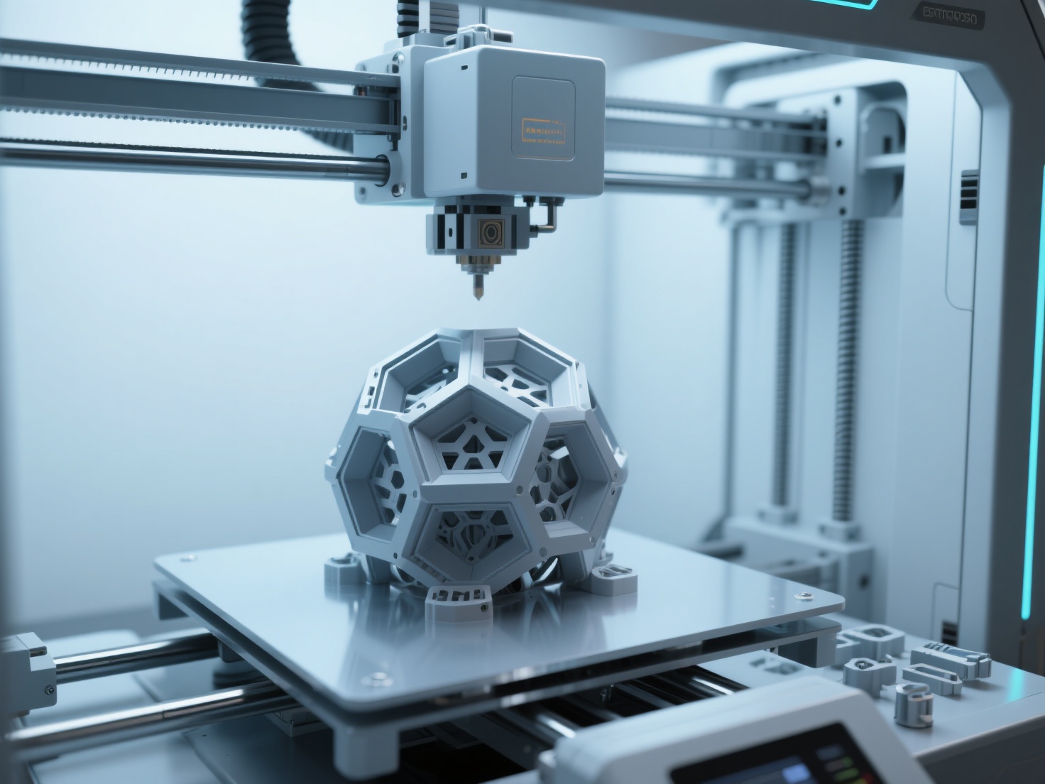 Photorealistic 3D render of a 3D printer creating a complex model for 3D printing design guide