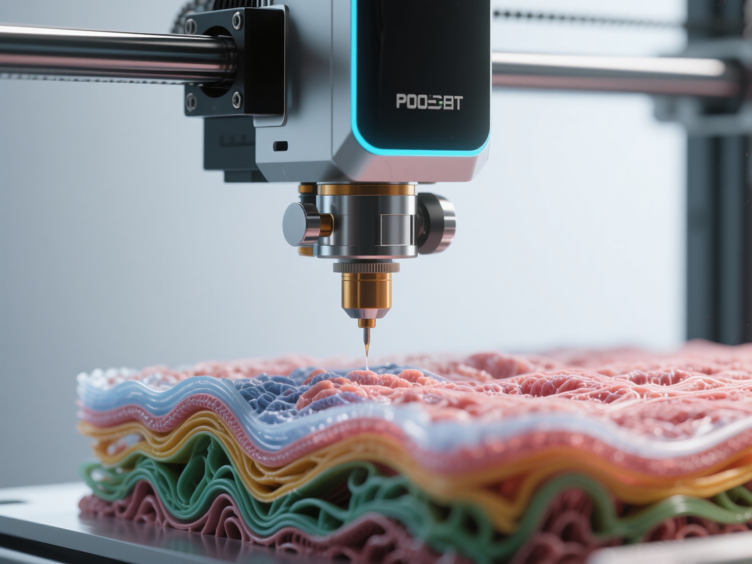 Close-up of advanced multi-material 3D printer nozzle extruding colorful layers with bioprinting detail