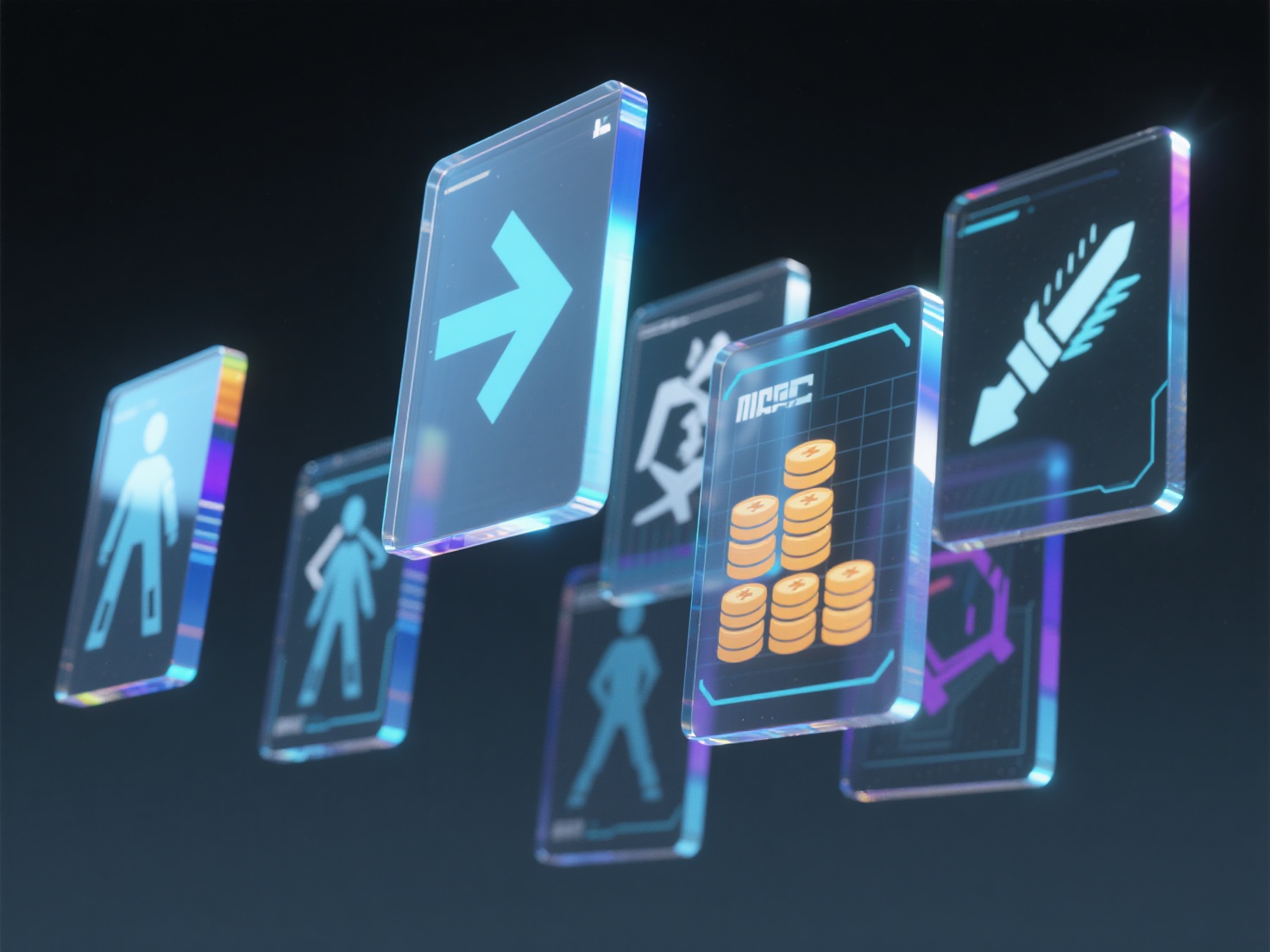 Photorealistic 3D render of holographic panels displaying diverse game mechanics concepts