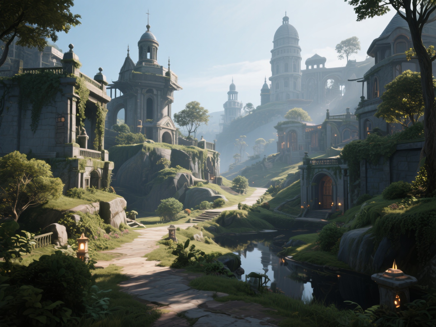 Cinematic 3D game level design environment showing player guidance and flow.png