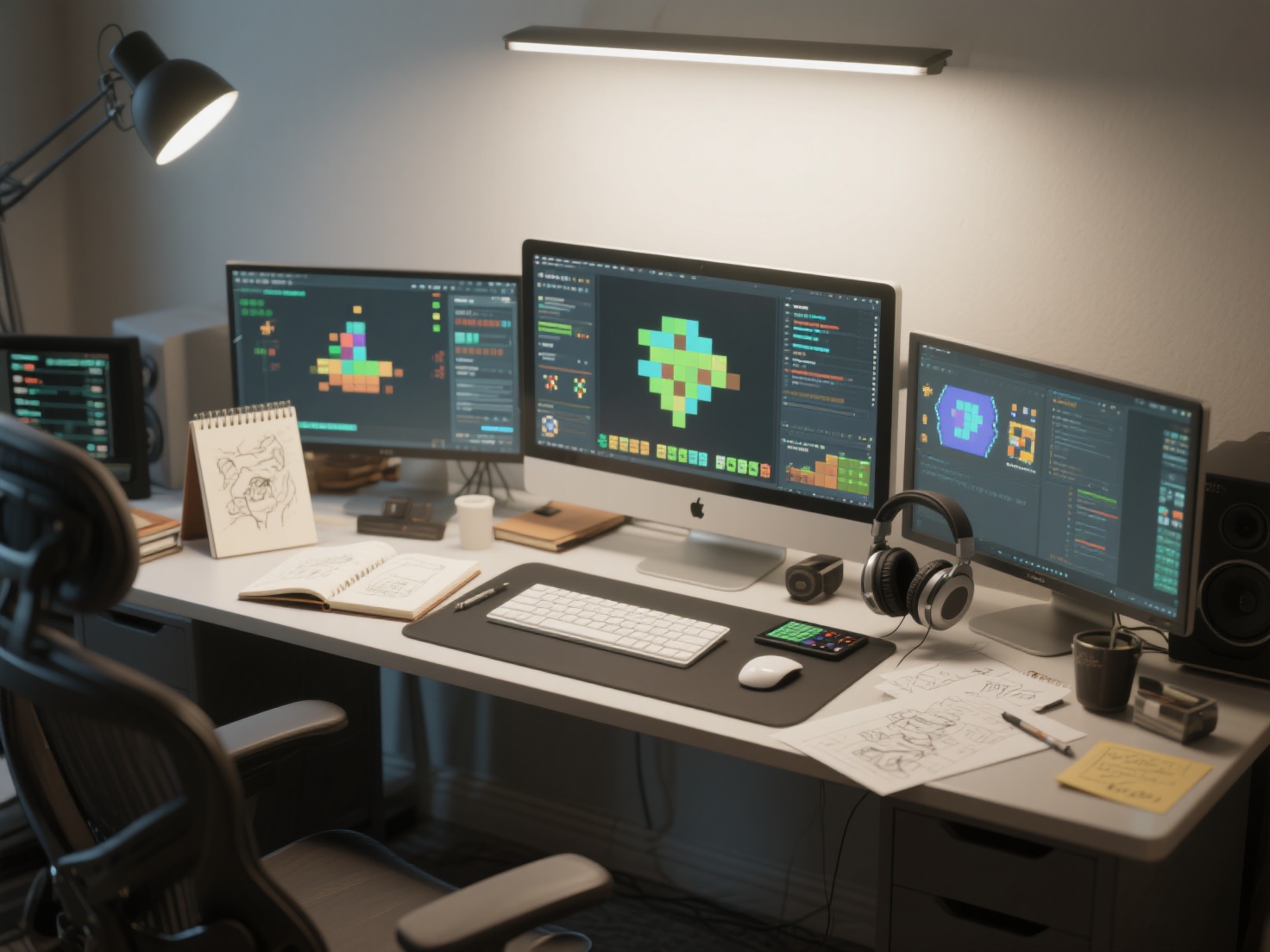 Indie game development workspace with computer screens showing game engine and art tools