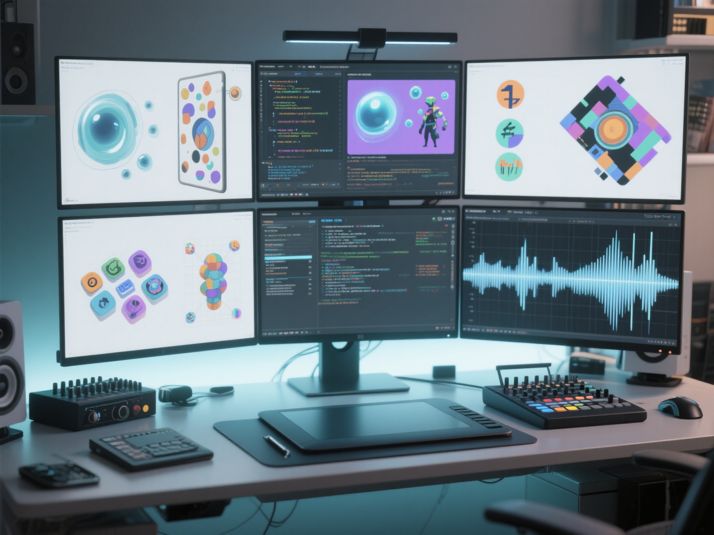 Vertical slice of indie game scene with art, code, and audio tools on a developer_s desk