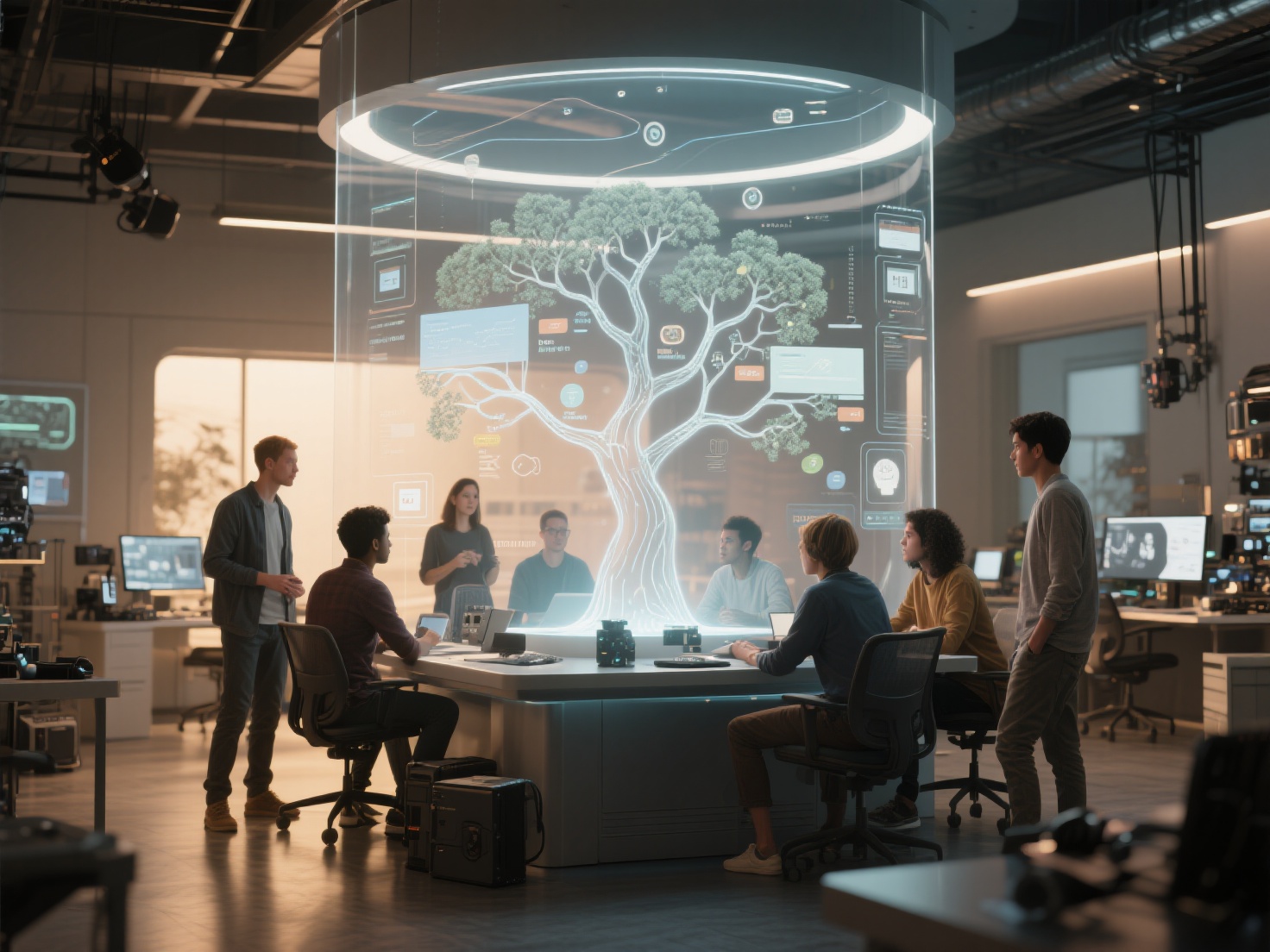 Photorealistic 3D render of game designers working on branching story narratives in a futuristic studio