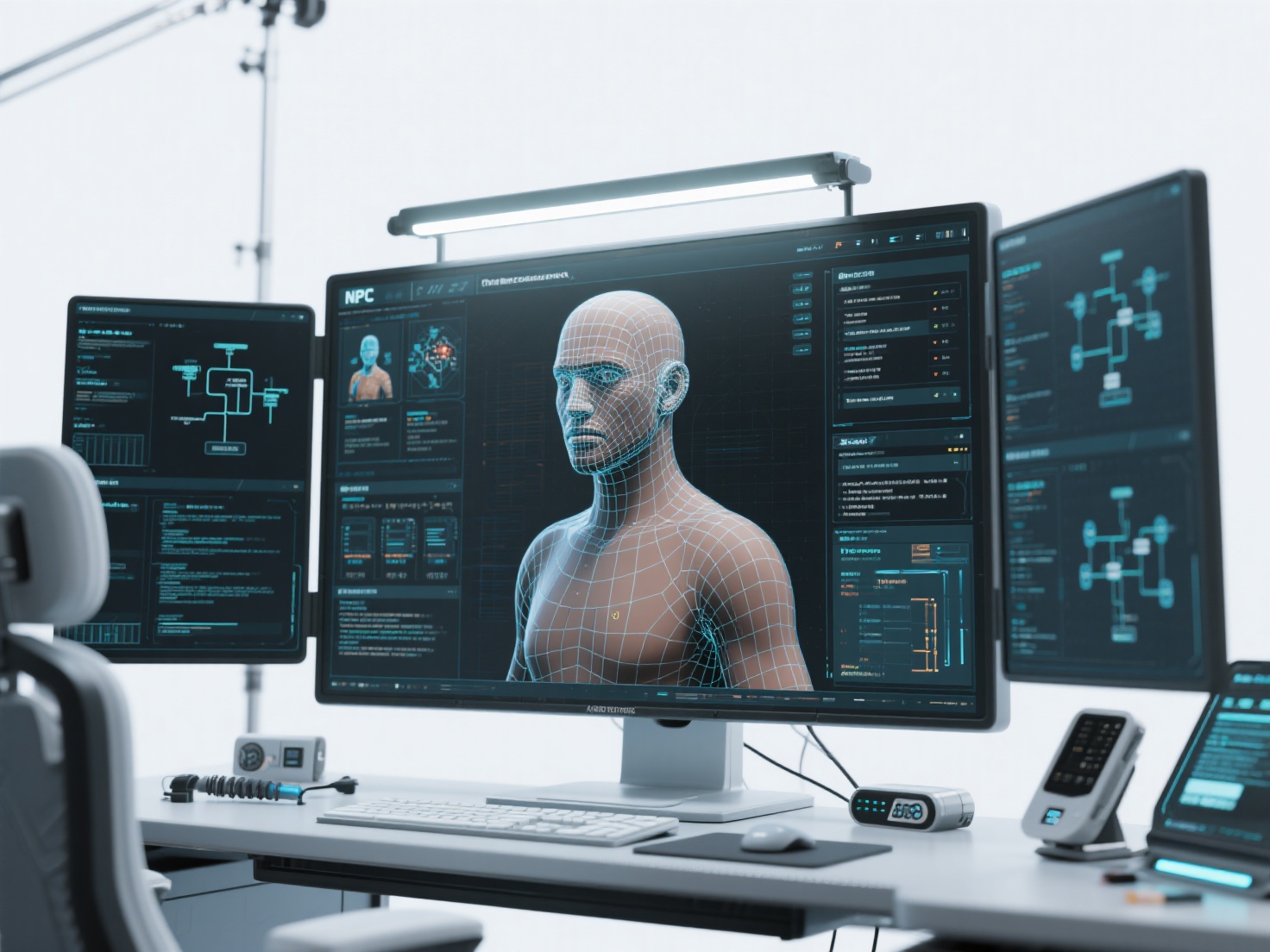 Close-up photorealistic 3D render of AI tools generating 3D game character and NPC behavior