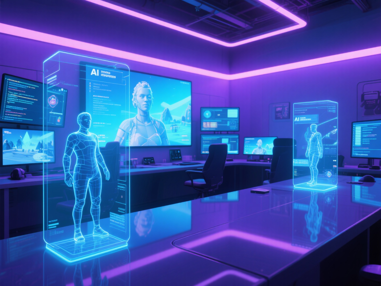 Photorealistic 3D render of AI-driven game development studio with holographic 3D assets and code