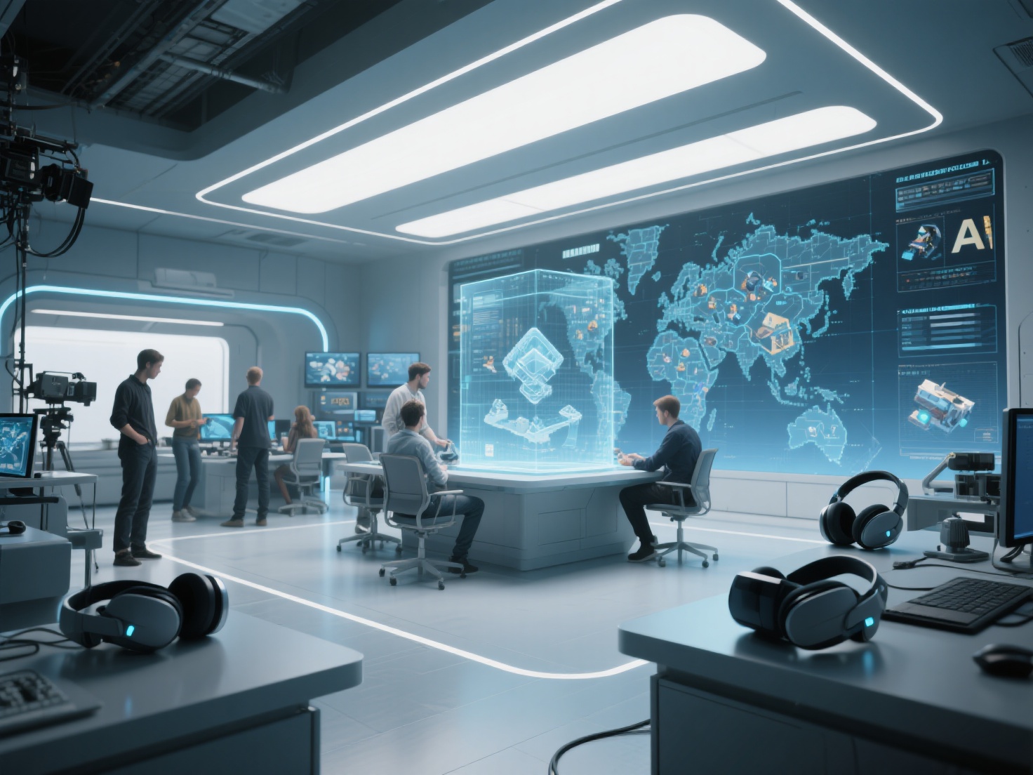 Futuristic game design studio with AI-generated assets and VR showcasing 2026 game design trends