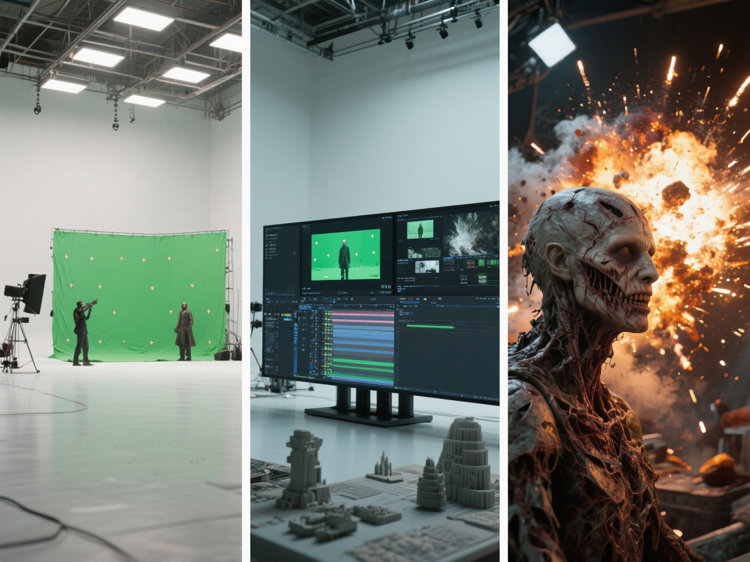 Photorealistic 3D render showing practical SFX, digital VFX, and CGI effects in film production