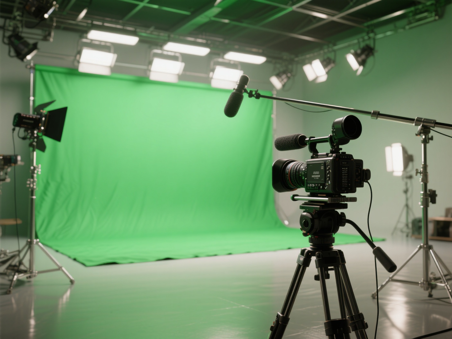Photorealistic 3D render of film studio with green screen and professional lighting setup