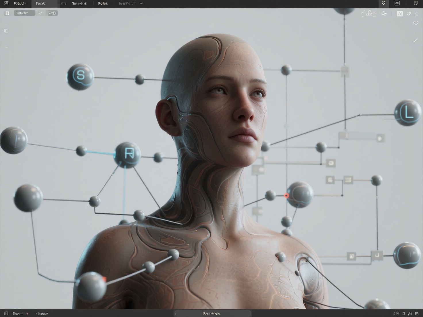 Detailed 3D render of VFX procedural node graph with sculpted model and texture painting viewport