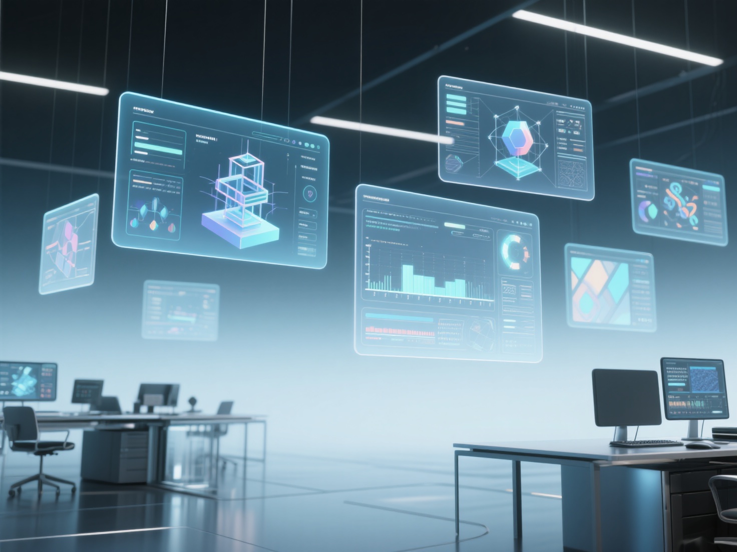 Futuristic digital workspace with holographic screens showing VFX software tools in 3D render