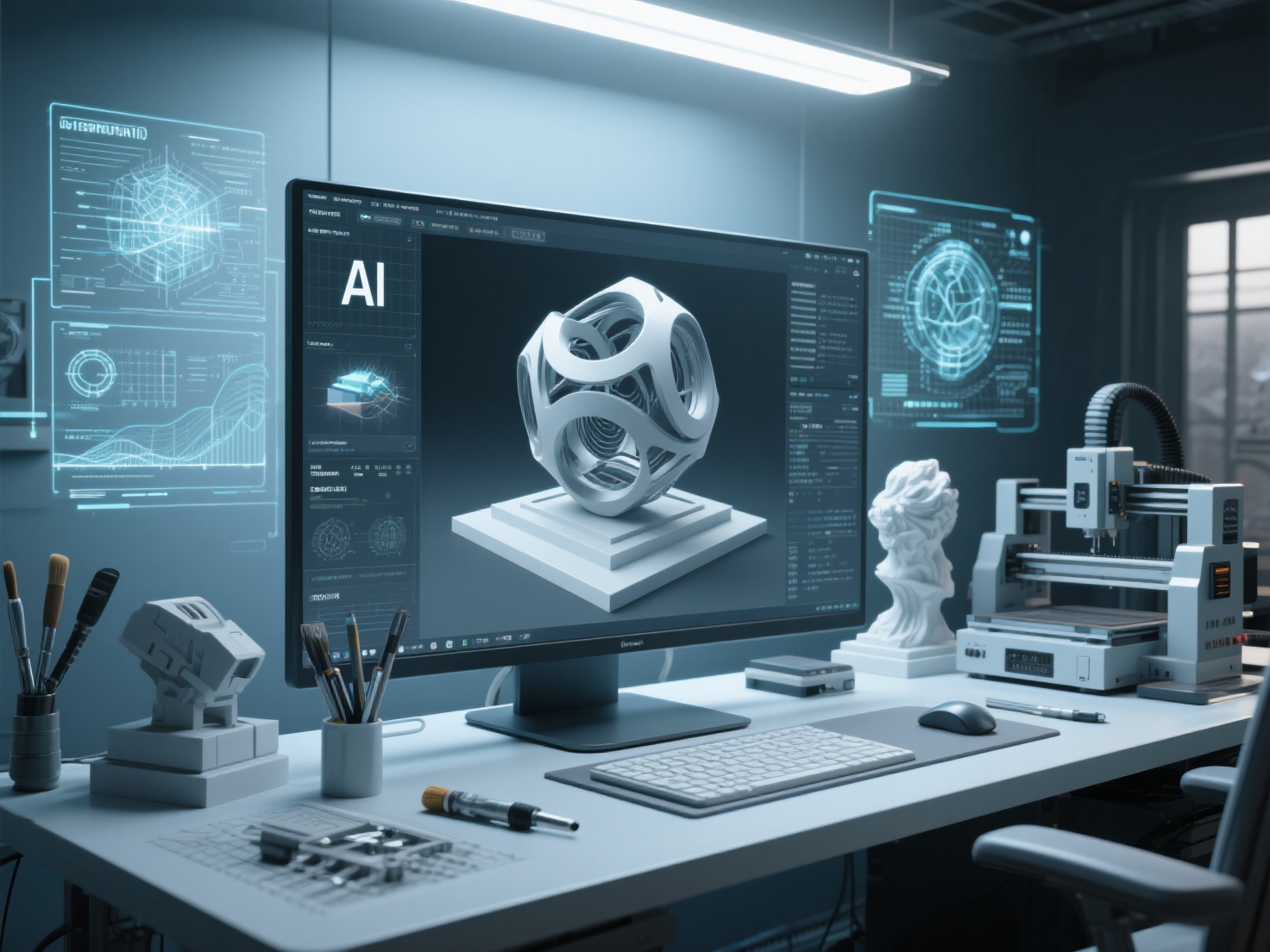 Digital sculpture workspace showing AI generative art and 3D printing tools